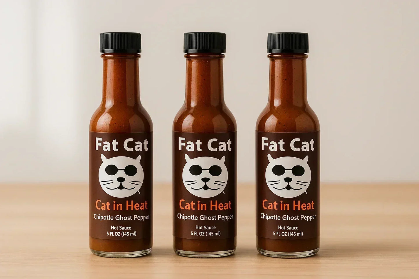 Three Fat Cat Cat in Heat chipotle ghost pepper hot sauce bottles with labels facing forward