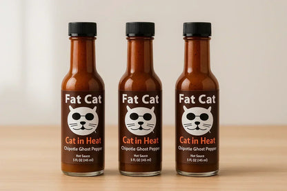 Three Fat Cat Cat in Heat chipotle ghost pepper hot sauce bottles with labels facing forward