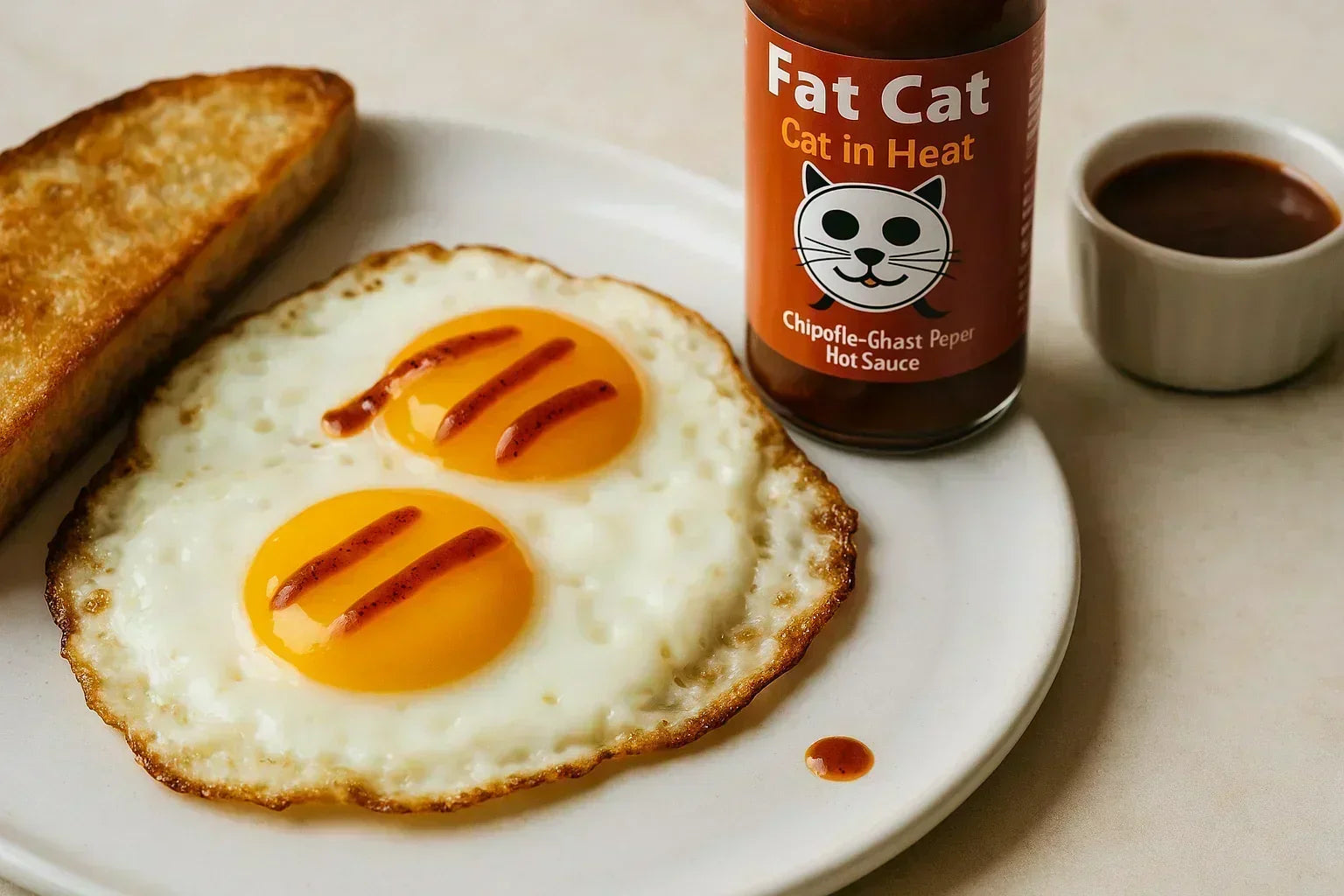 Sunny side up eggs drizzled with hot sauce, toast, and Fat Cat Chipotle-Ghost Pepper Hot Sauce bottle