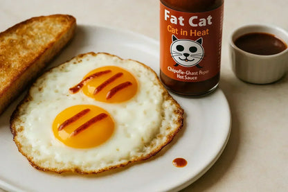 Sunny side up eggs drizzled with hot sauce, toast, and Fat Cat Chipotle-Ghost Pepper Hot Sauce bottle