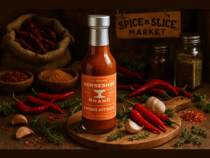 Cayenne hot sauce bottle with fresh chili peppers, garlic, and spices in a rustic market setting.