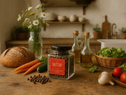 Glass jar of peppercorns labeled Salt's Up with fresh vegetables, bread, olive oil, and flowers on wooden kitchen table