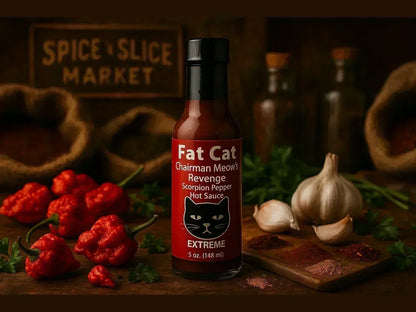 Fat Cat Chairman Meow's Revenge scorpion pepper hot sauce bottle with peppers, garlic, and spices in a rustic market setting