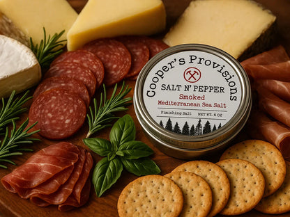 Charcuterie board with assorted cheeses, cured meats, crackers, herbs, and salt tin
