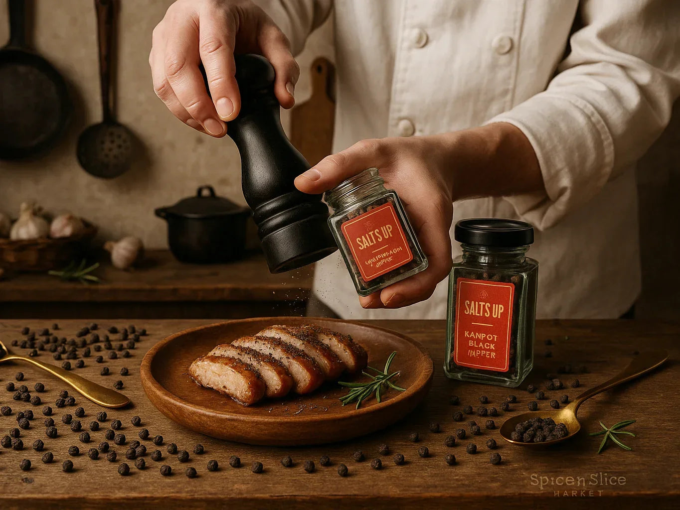 Chef grinding Kampot black pepper onto sliced meat with spice jars on wooden table.