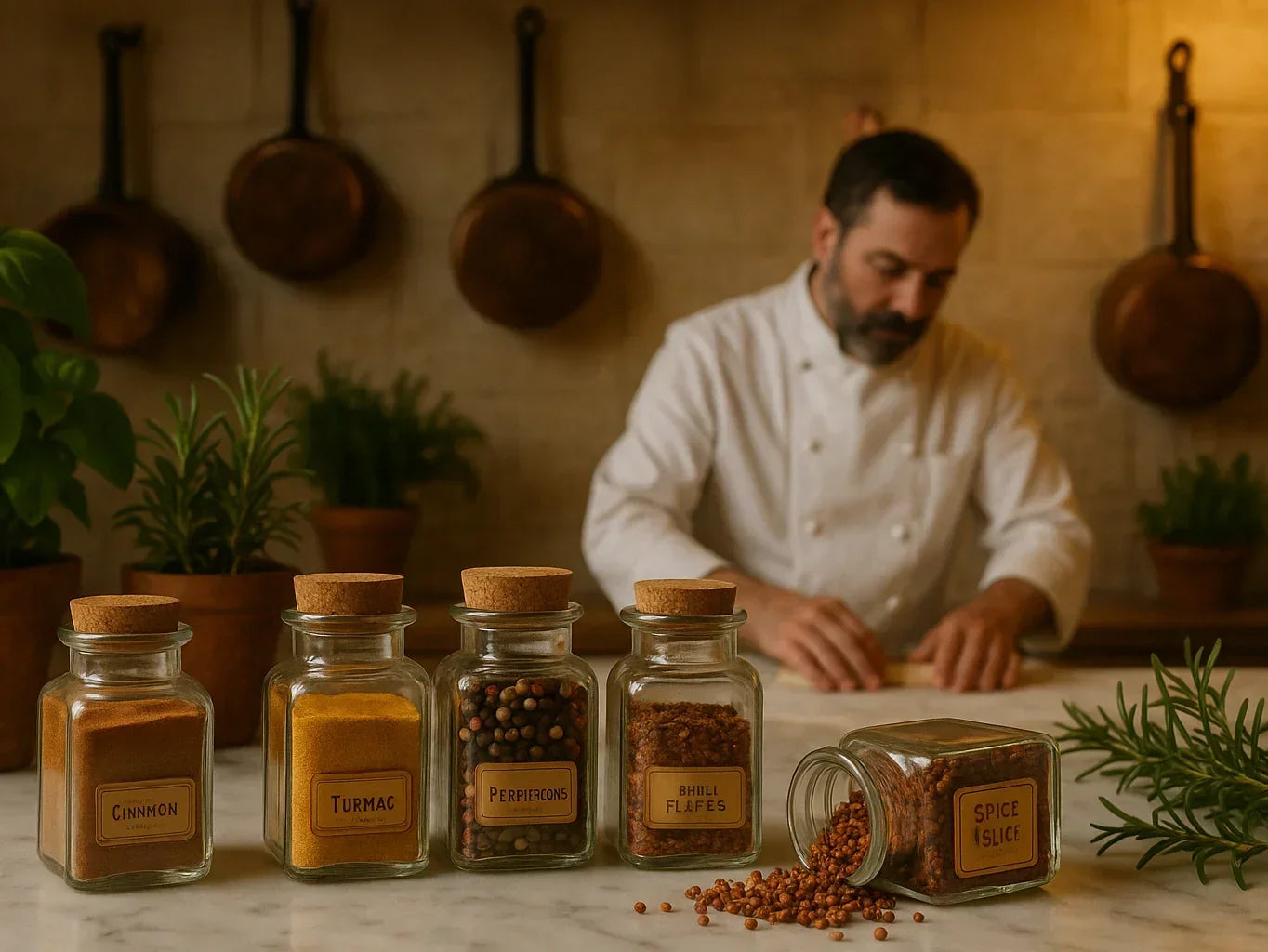 Chef in French kitchen with spice jars including cinnamon, turmeric, peppercorns, and chili flakes.