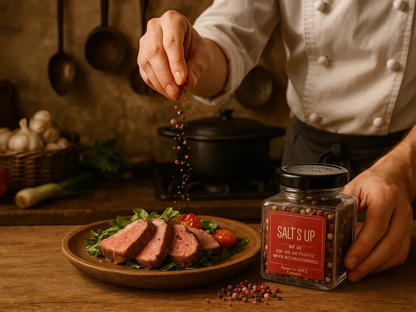 Chef seasoning sliced steak with mixed peppercorns in rustic kitchen setting