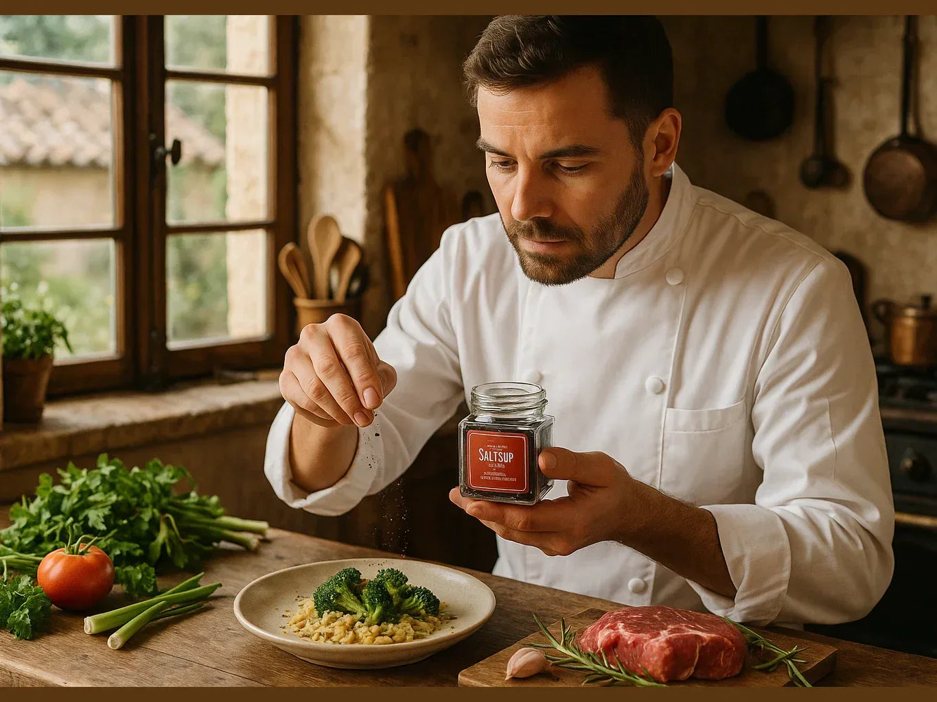 Chef seasoning food with artisan pepper in rustic kitchen, fresh herbs and raw steak visible