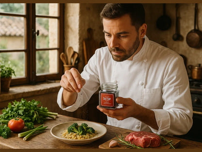 Chef seasoning food with artisan pepper in rustic kitchen, fresh herbs and raw steak visible