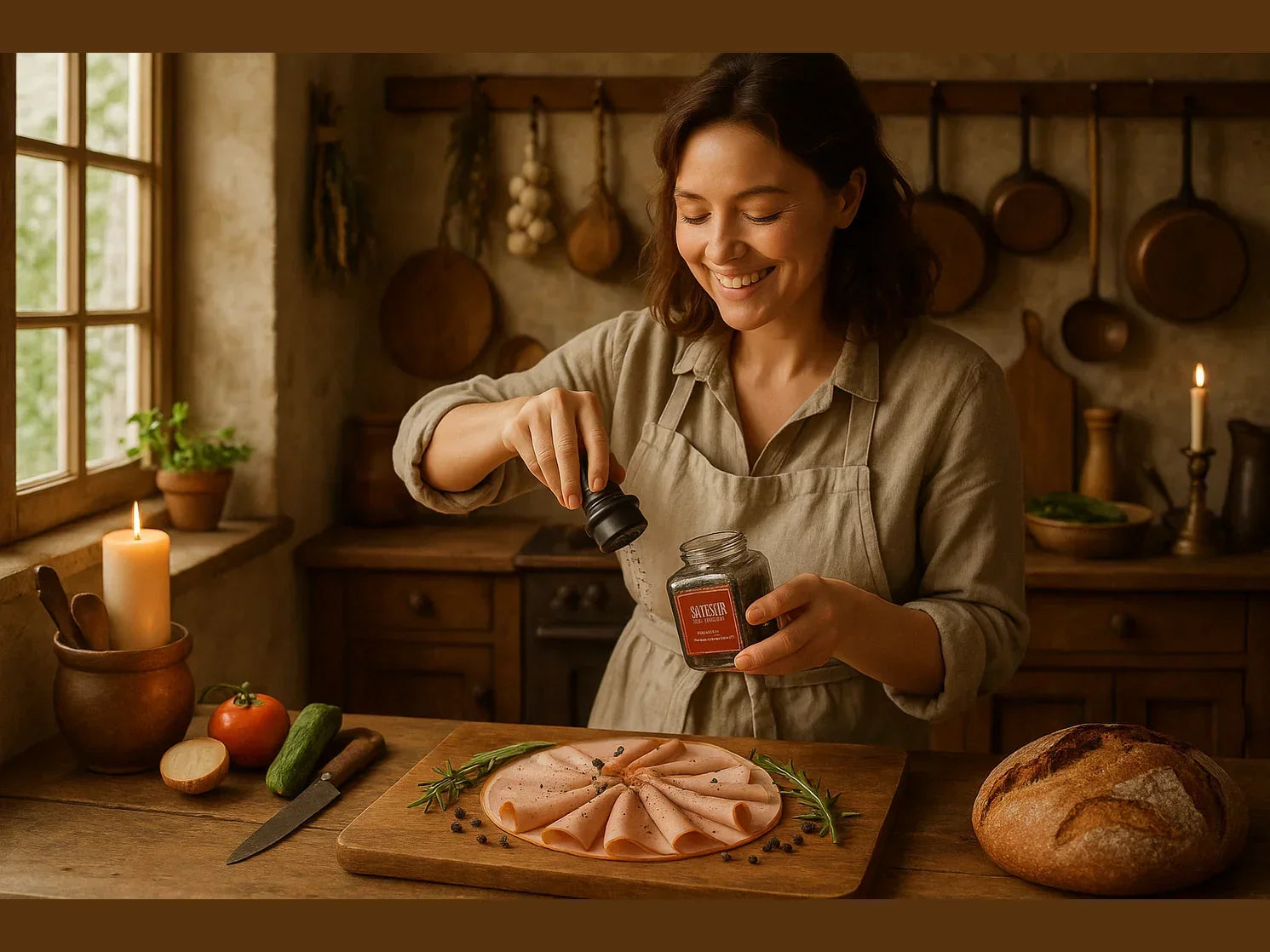 Chef grinding black pepper onto sliced meat in rustic kitchen with fresh bread and herbs