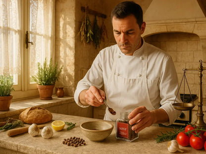Chef preparing dish with Jamaican piment pepper, fresh garlic, herbs and vegetables in rustic kitchen