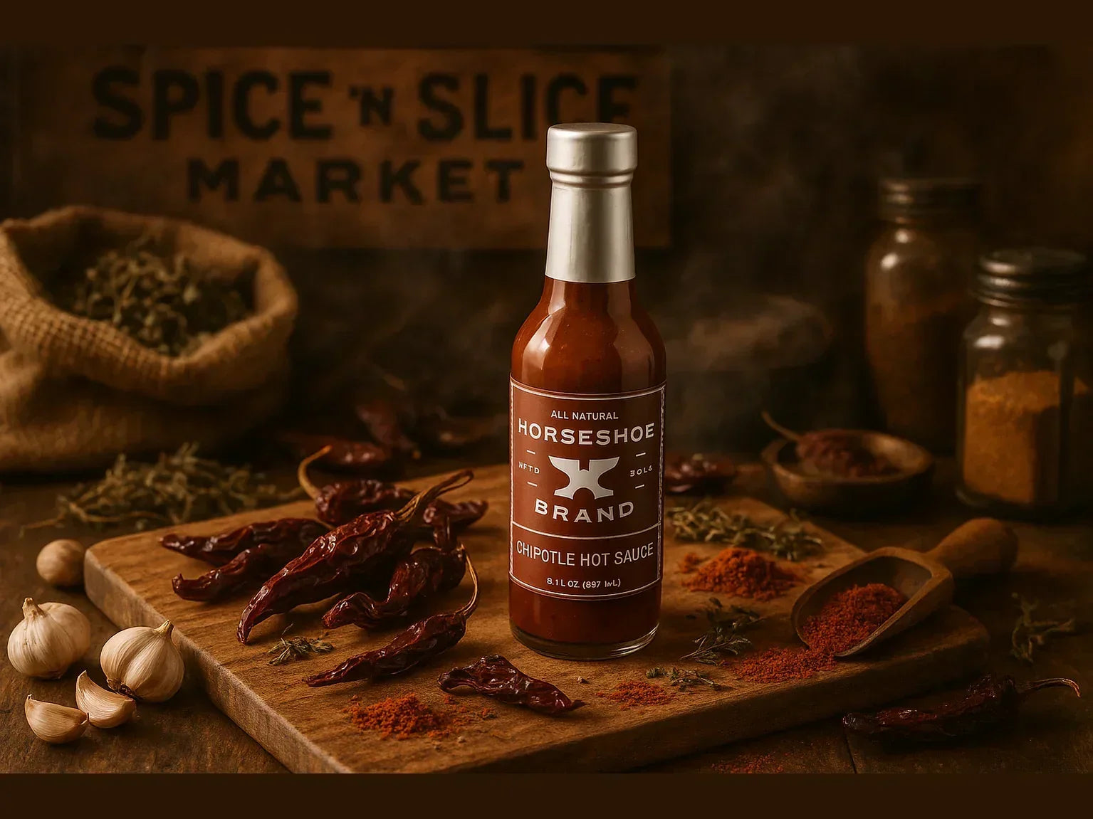 Chipotle hot sauce bottle on rustic market table with dried peppers, garlic, and spices