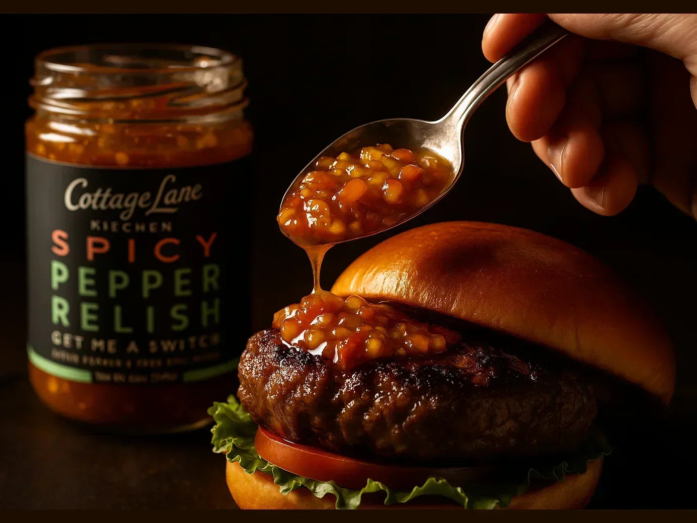 Spoonful of spicy pepper relish being added to a gourmet burger with lettuce and tomato