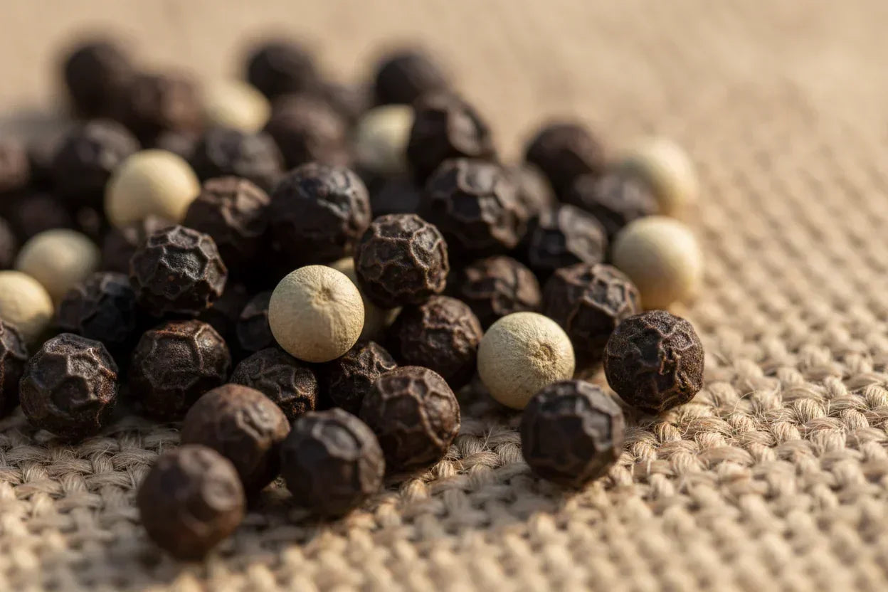 Close-up macro of mixed black and white peppercorns on a textured woven surface