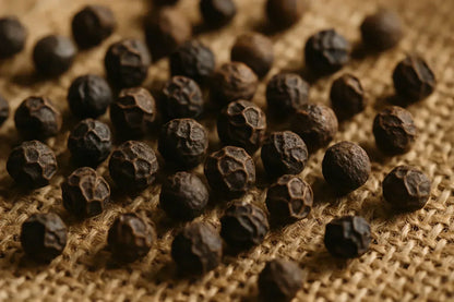 Close-up of whole black peppercorns on a textured burlap surface