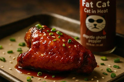 Glazed chicken wing topped with green onions and sesame seeds, hot sauce bottle blurred behind