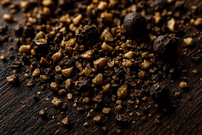 Coarse black pepper grind and whole peppercorns on a rustic wooden board, macro view
