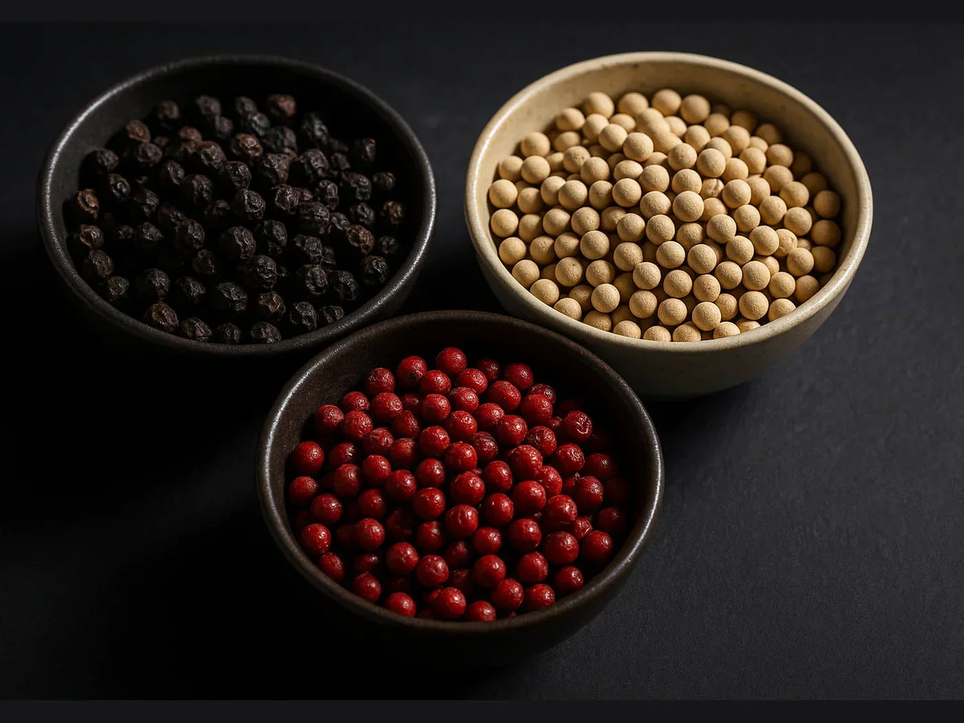 Three bowls of Kampot peppercorns—black, white, and red varieties on dark background
