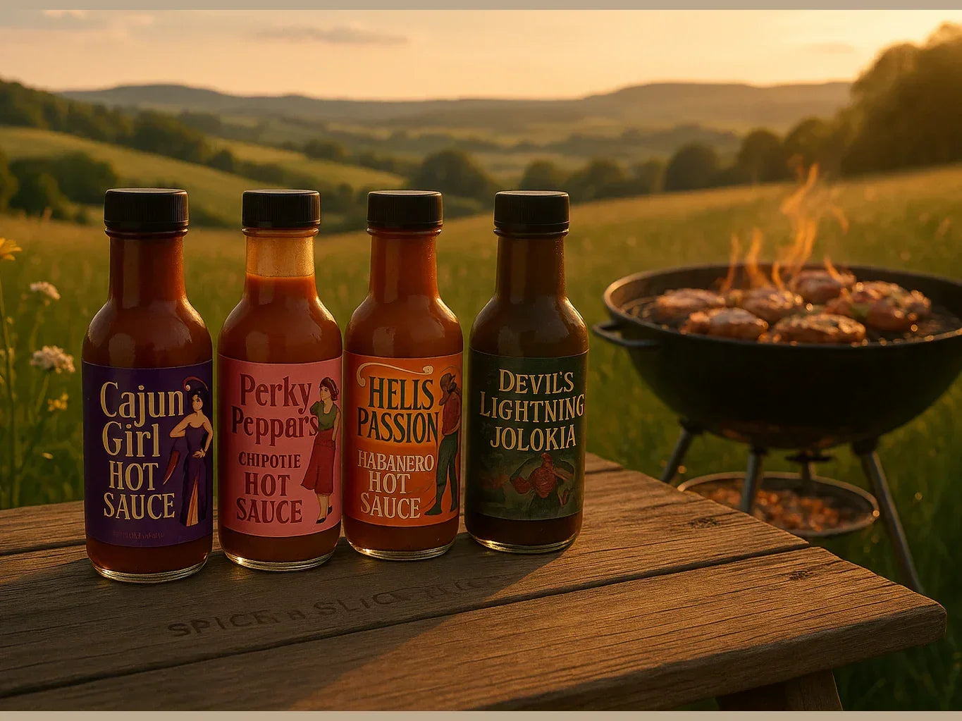 Four artisan hot sauce bottles on a wooden table by a barbecue grill in a scenic countryside field at sunset.