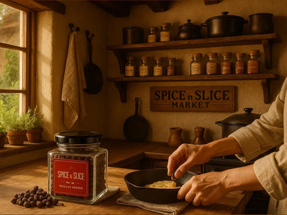 Cozy French kitchen with chef seasoning food, Spice n Slice jar of whole pepper on counter