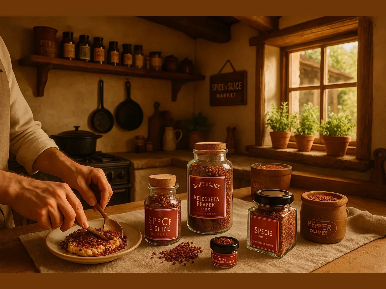 Cozy French kitchen with chef preparing a dish using gourmet pepper and artisan spices