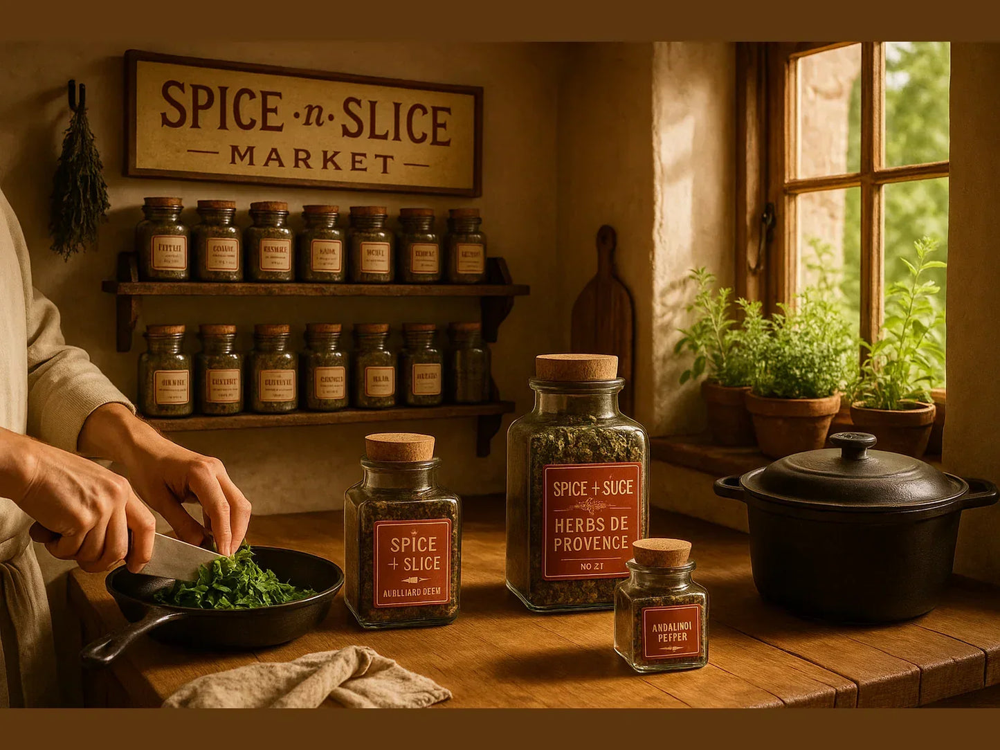 Cozy French kitchen with chef chopping herbs, spice jars, potted plants, and cast iron pot