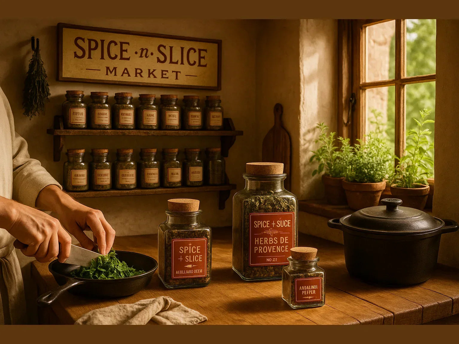 Cozy French kitchen with chef chopping herbs, spice jars, potted plants, and cast iron pot