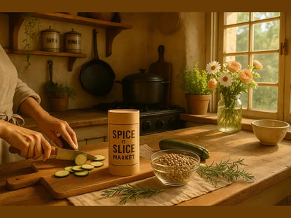 Person slicing zucchini in a rustic French kitchen with fresh herbs, beans, and sunlight.