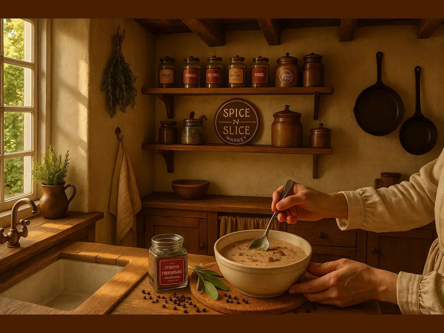 Chef stirring soup in rustic French kitchen with spices and herbs on shelves