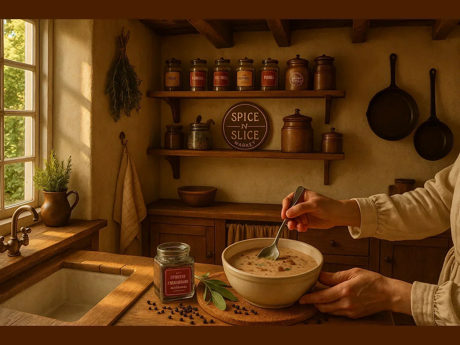 Chef stirring soup in rustic French kitchen with spices and herbs on shelves
