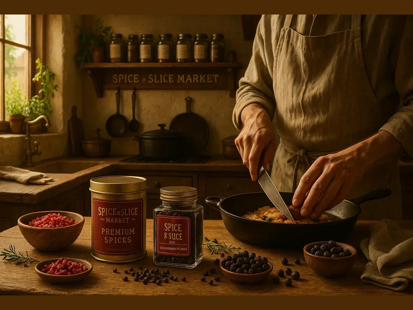 Rustic French kitchen with chef slicing food, artisan spices, and herbs on wooden counter