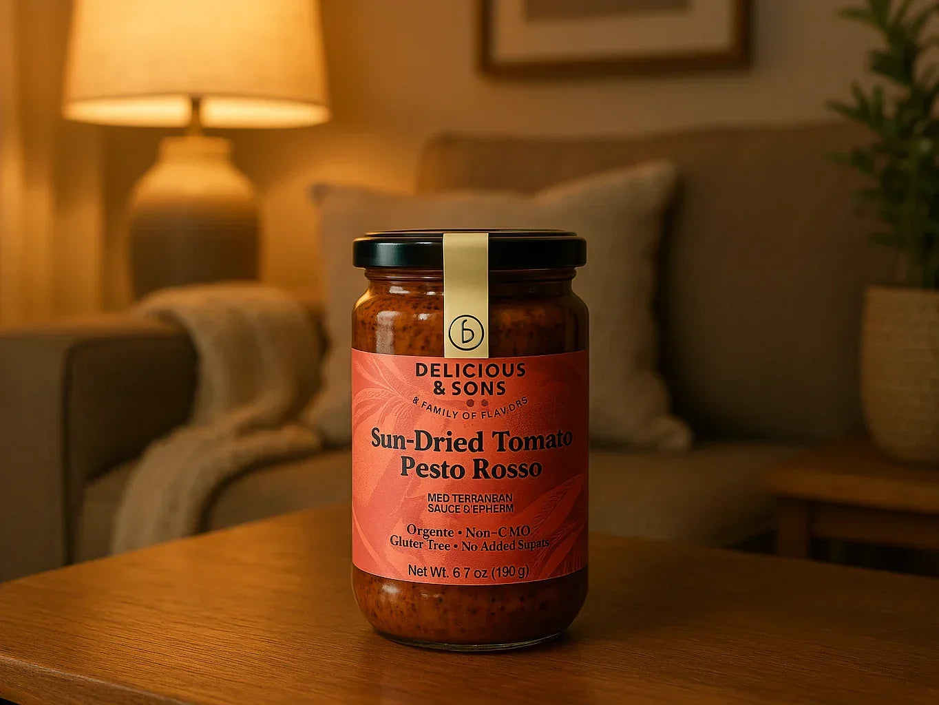 Sun-dried tomato pesto jar on wooden table in cozy living room with soft lighting