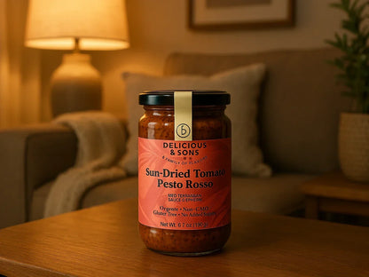 Sun-dried tomato pesto jar on wooden table in cozy living room with soft lighting