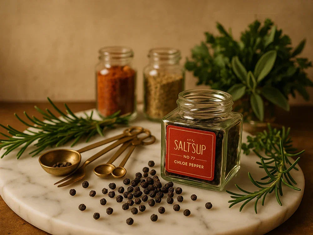 Glass jar labeled Salt's Up Chloe Pepper with black peppercorns, brass measuring spoons, herbs on marble board