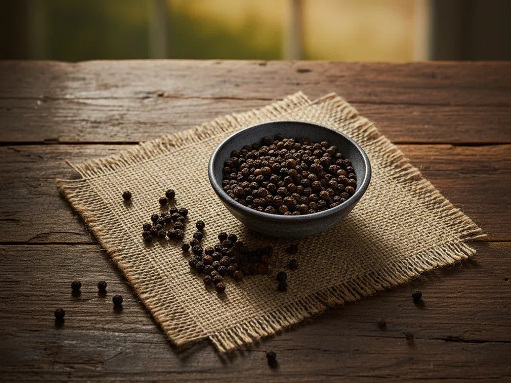 Black peppercorns in a ceramic bowl on burlap cloth, rustic wooden table setting