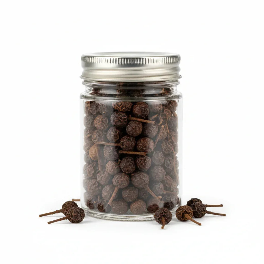 Cubeb peppercorns with visible tails in a clear glass jar on white background