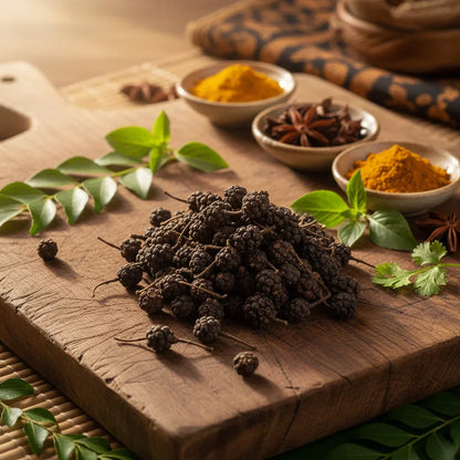 Cubeb pepper berries on wooden board with fresh herbs and spice bowls in rustic kitchen