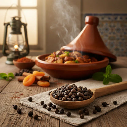 Cubeb pepper in wooden spoon beside Moroccan tagine dish with apricots and spices
