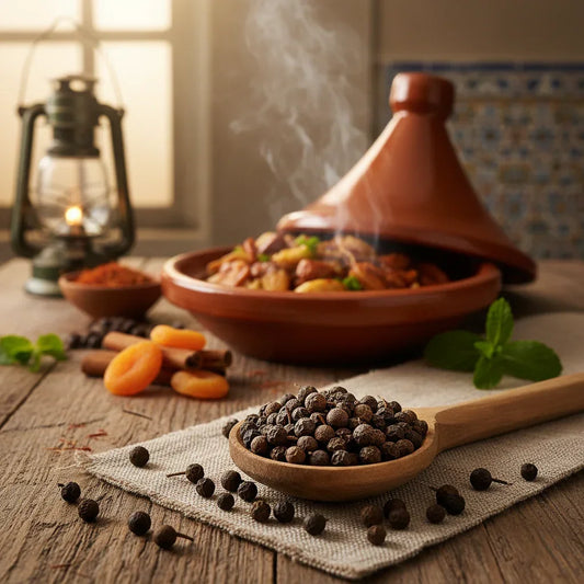 Cubeb pepper in wooden spoon beside Moroccan tagine dish with apricots and spices