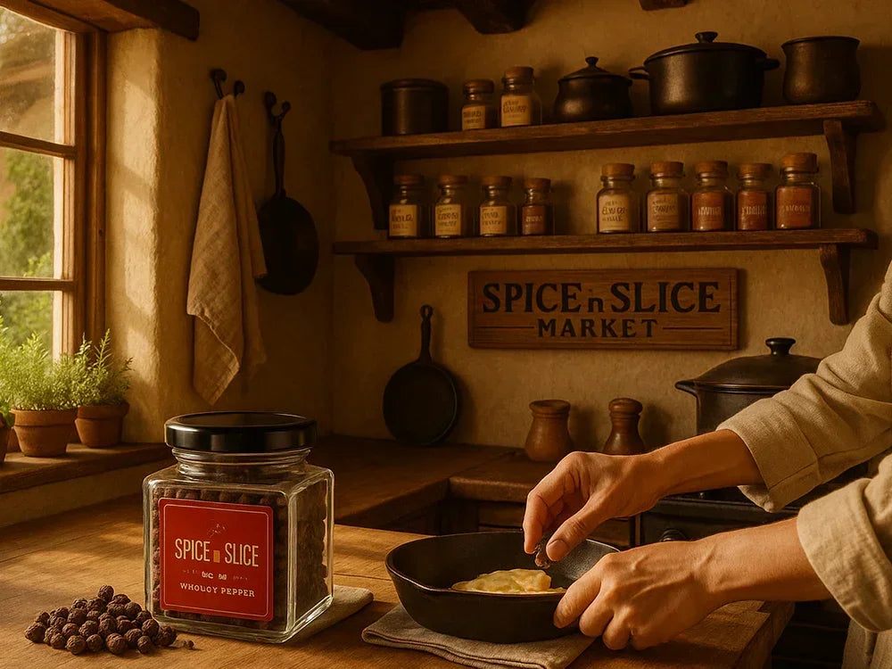 Person cooking with whole black peppercorns in rustic kitchen, spices on shelves, sunlight