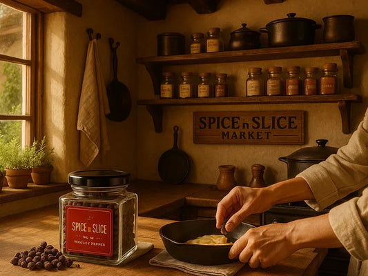Person cooking with whole black peppercorns in rustic kitchen, spices on shelves, sunlight