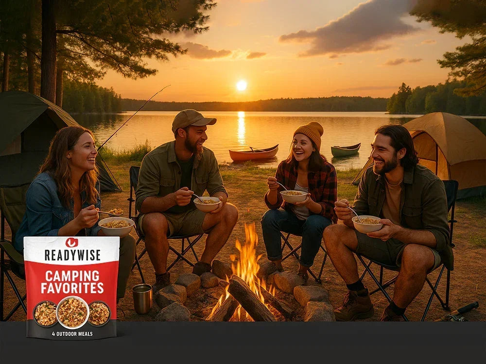 Friends enjoying ReadyWise camping meals by a campfire near tents and a lake at sunset
