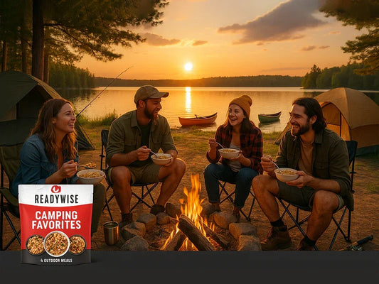 Friends enjoying ReadyWise camping meals by a campfire near tents and a lake at sunset