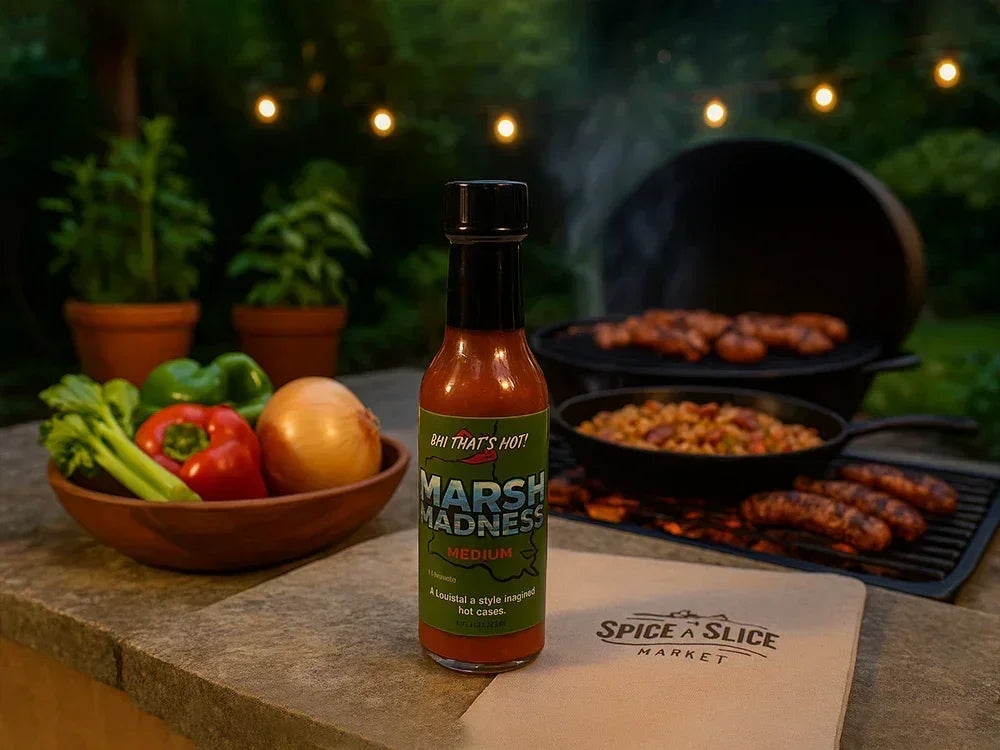 Marsh Madness hot sauce bottle on outdoor grill table with fresh vegetables and cooked sausages