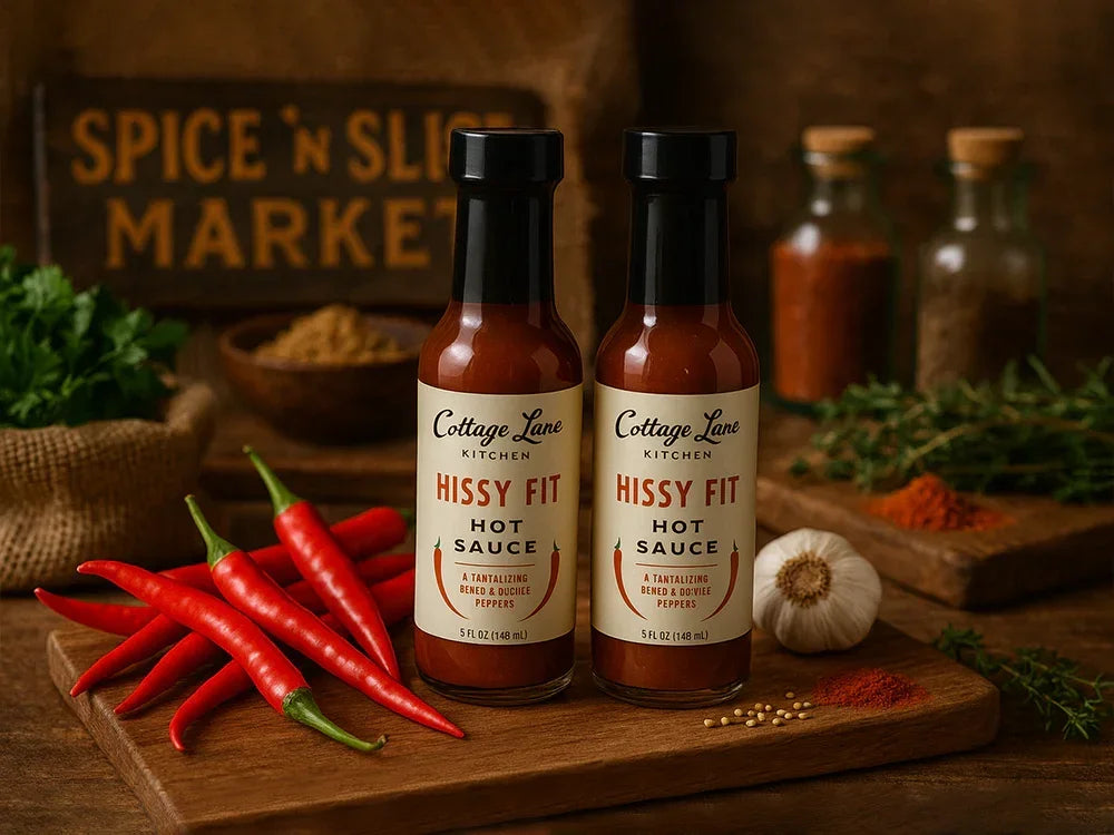 Hissy Fit hot sauce bottles with red chili peppers, herbs, garlic, and spices at Spice n Slice Market