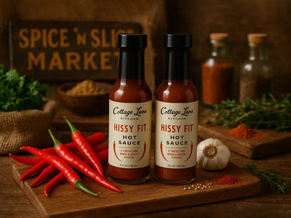 Hissy Fit hot sauce bottles with red chili peppers, herbs, garlic, and spices at Spice n Slice Market
