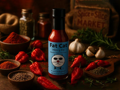 Fat Cat Hiss-y Fit Carolina Reaper hot sauce bottle with spices, garlic, and peppers