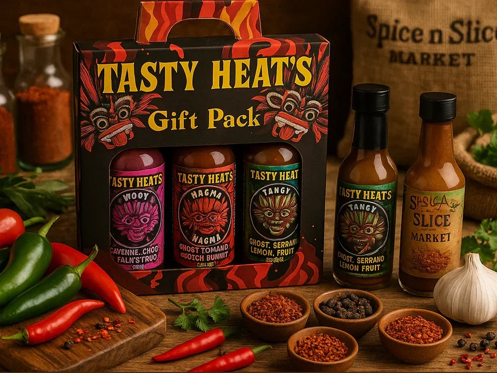 Tasty Heat's hot sauce gift pack with peppers, spices, and garlic on a rustic table
