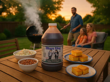 Blues Hog Smokey Mountain Sauce on picnic table with coleslaw, baked beans, cornbread, outdoor barbecue.