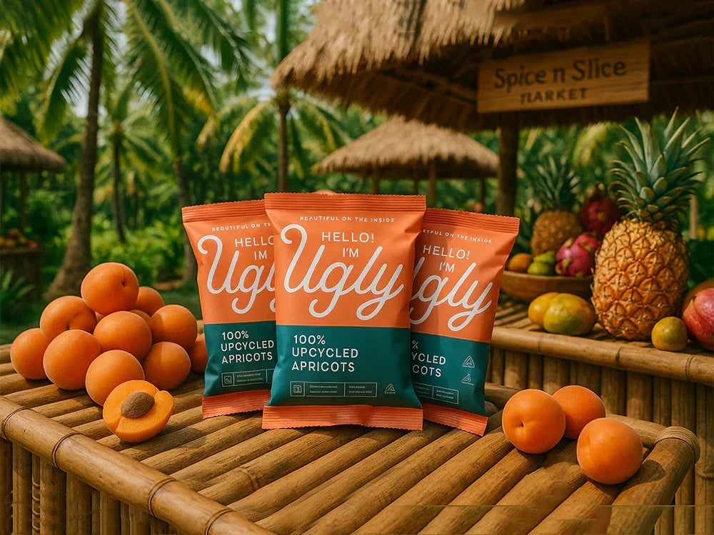 Hello I'm Ugly 100% upcycled apricots snacks on bamboo table with fresh apricots, tropical market scene